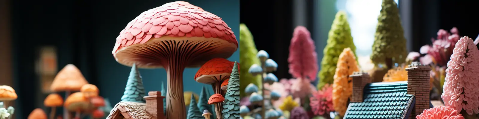 创意可爱微观钩针毛线编织手工艺品森林小屋建筑植物逼真艺术模型midjourney关键词咒语