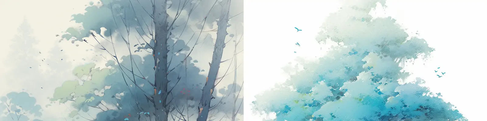 手绘中国风传统水蓝色树木植物水墨画流畅自然景观插图绘画midjourney关键词咒语分享