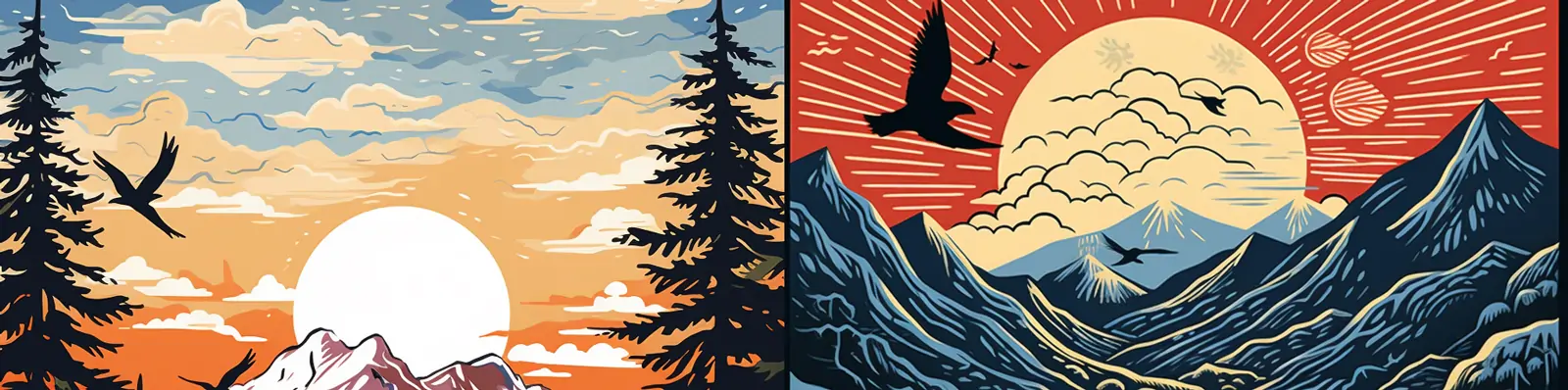 手绘现实主义风格彩色山水日出夕阳自然风景纹理线条插图海报背景midjourney关键词咒语分享