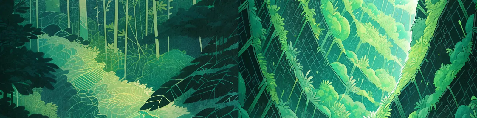 当代艺术风格手绘绿色森林迷失人物背影鸟瞰图插图绘画海报midjourney关键词咒语分享