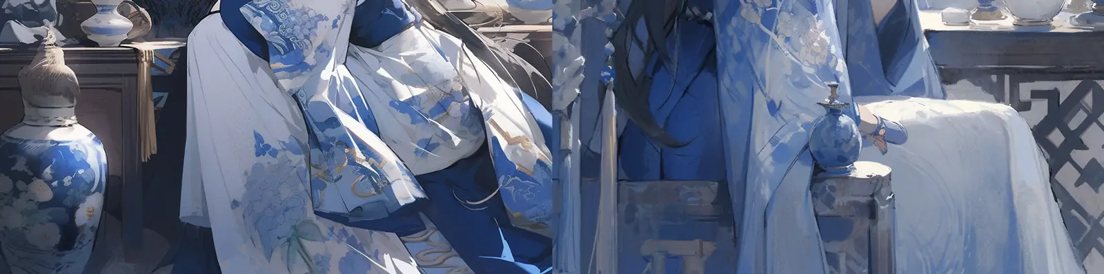 手绘古典复古青花瓷蓝白色连衣裙女孩服装优雅艺术摄影插图海报midjourney关键词咒语分享