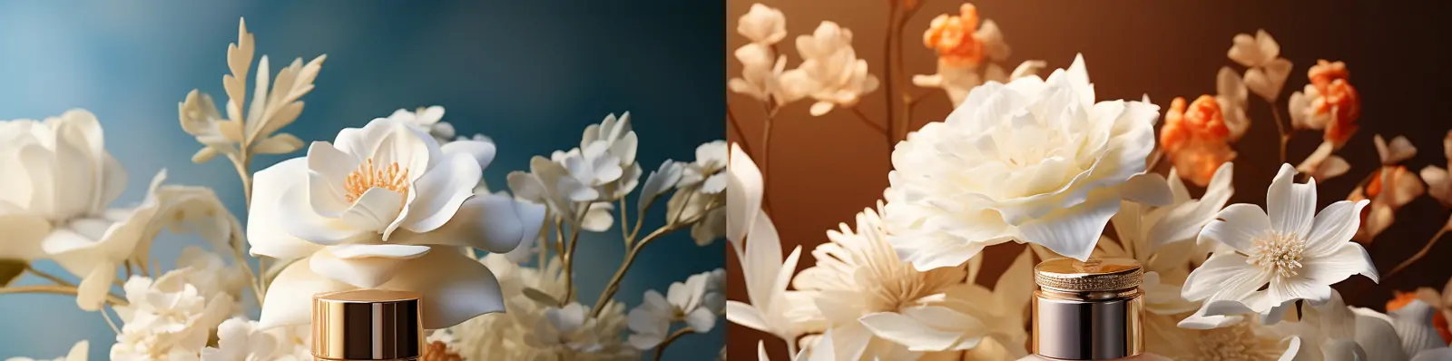 白色剪纸雕花艺术香水瓶化妆品包装鲜花自然逼真产品广告摄影海报midjourney关键词咒语