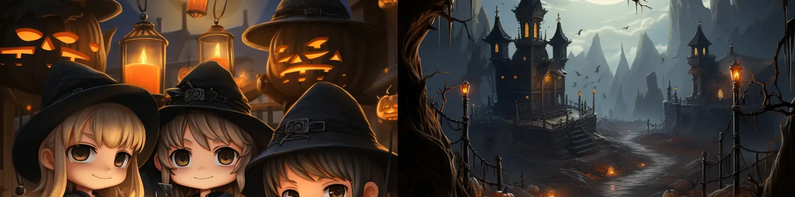 神秘黑暗万圣节南瓜灯蝙蝠恐怖气氛建筑月亮卡通人物活动场景海报midjourney关键词咒语分享