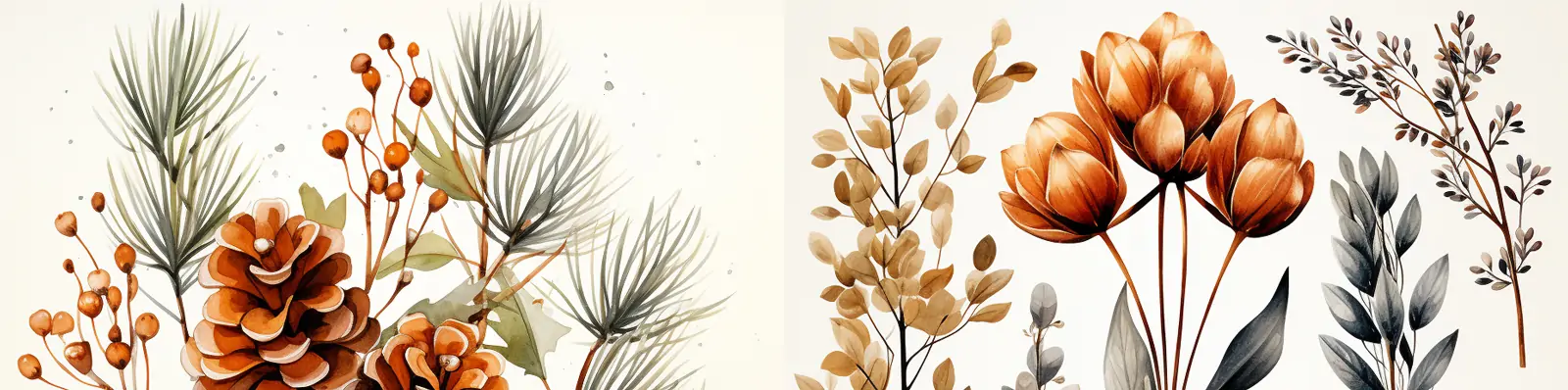 手绘秋季冬季自然鲜花植物树叶松塔彩色剪贴画艺术插图海报midjourney关键词咒语分享