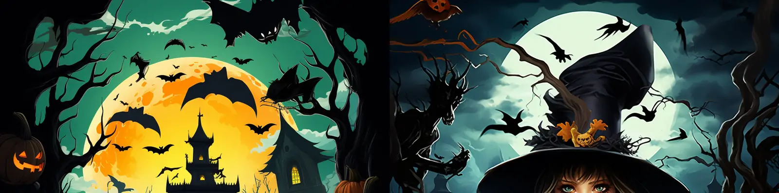 神秘万圣节南瓜灯蝙蝠恐怖气氛建筑月亮动漫卡通人物活动场景海报midjourney关键词咒语