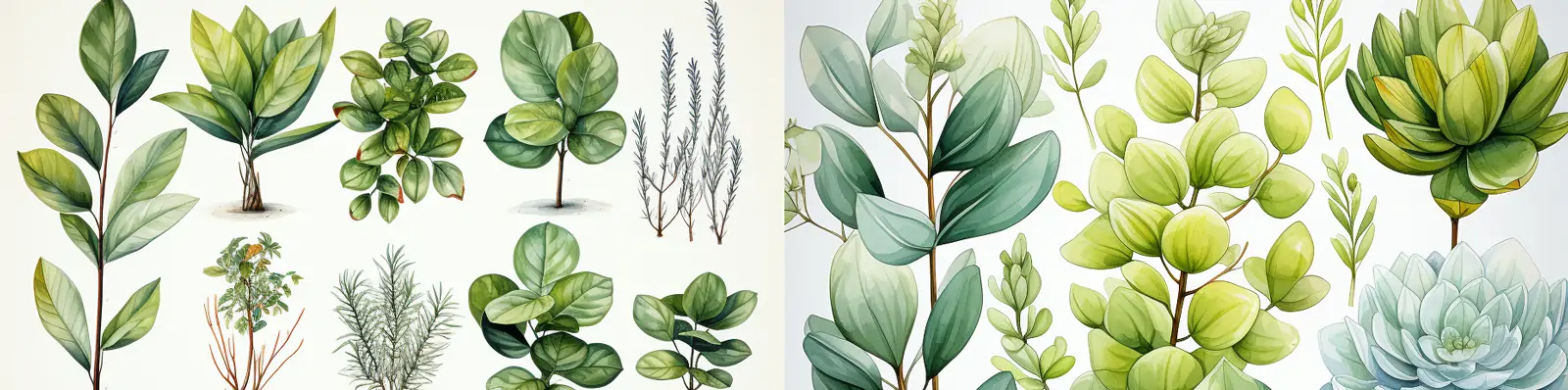 手绘绿色鲜花植物盆栽多肉棕榈叶树枝树叶水彩画图案插图背景midjourney关键词咒语分享