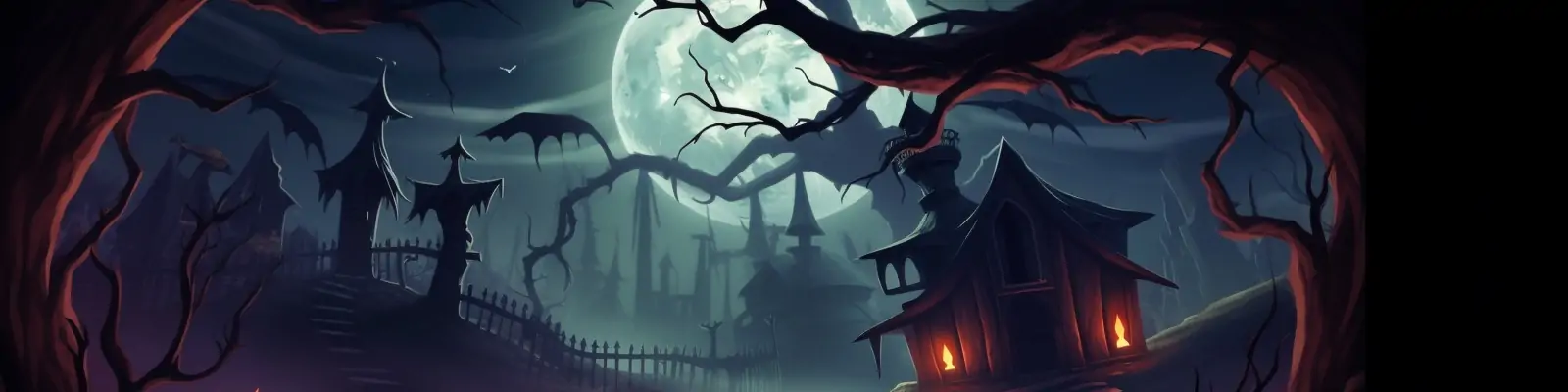 万圣节主题活动南瓜灯小木屋蝙蝠恐怖气氛迪士尼动画风格横幅海报midjourney关键词咒语