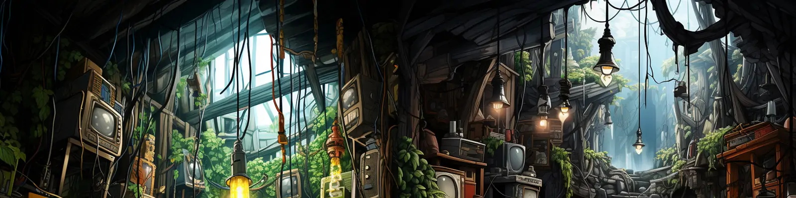 手绘动漫卡通游乐园复古做旧电视机堆叠场景空间插图绘画海报midjourney关键词咒语分享