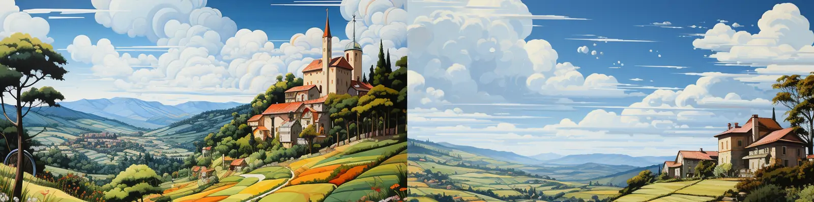 手绘卡通色彩鲜艳自然田园开阔绿色草地鲜花乡村风景插图绘画海报midjourney关键词咒语分享