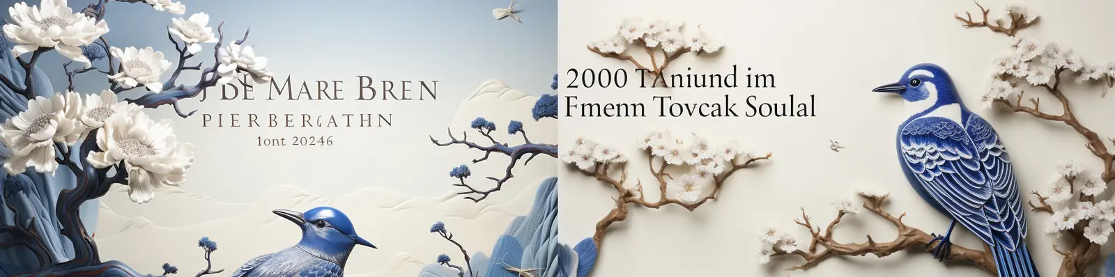 手绘蓝色青花瓷中国风山水蓝白鸟水墨花鸟艺术封面海报背景midjourney关键词咒语分享