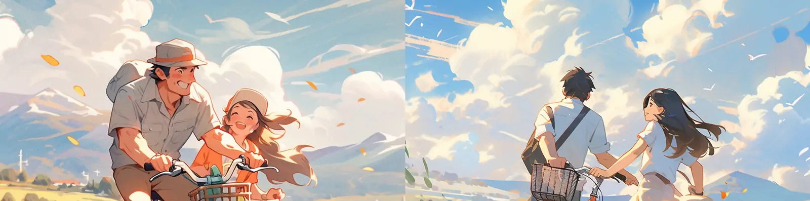 手绘卡通人物情侣郊游骑自行车唯美自然田园景观艺术插图绘画海报midjourney关键词咒语分享