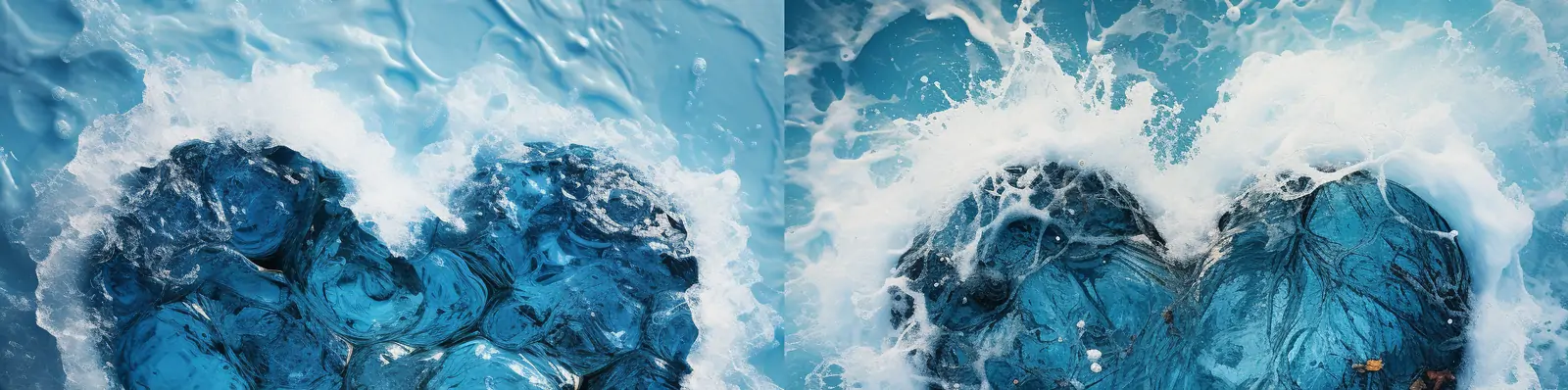 蓝色海洋之心蓝宝石雪花泡沫撞击波浪水花飞溅心形艺术海报背景midjourney关键词咒语