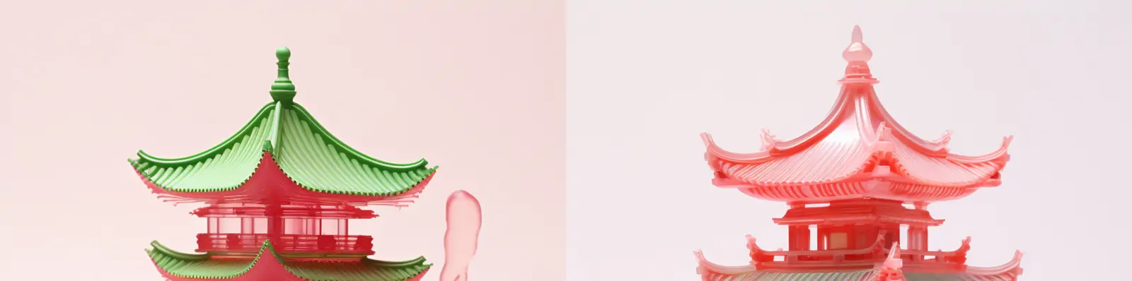 粉红色聚氨酯塑料半透明中国风朋克阁楼寺庙建筑立体模型midjourney关键词咒语分享