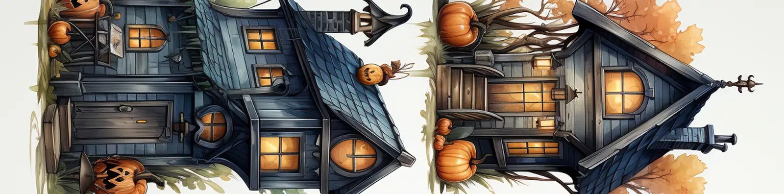 手绘复古可爱万圣节南瓜灯立体小木屋房屋贴画贴纸插图素材midjourney关键词咒语