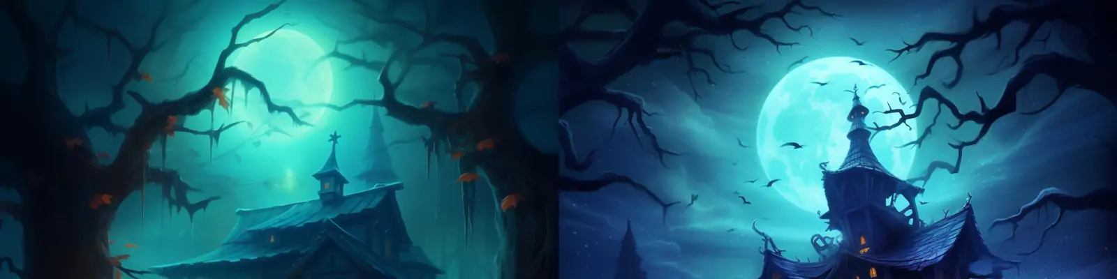 万圣节主题活动南瓜灯小木屋蝙蝠恐怖气氛迪士尼动画风格场景海报midjourney关键词咒语