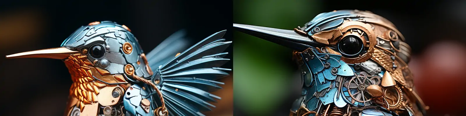 创意逼真金属动物机械蜂鸟微距变焦镜头照片特写艺术摄影海报midjourney关键词咒语分享