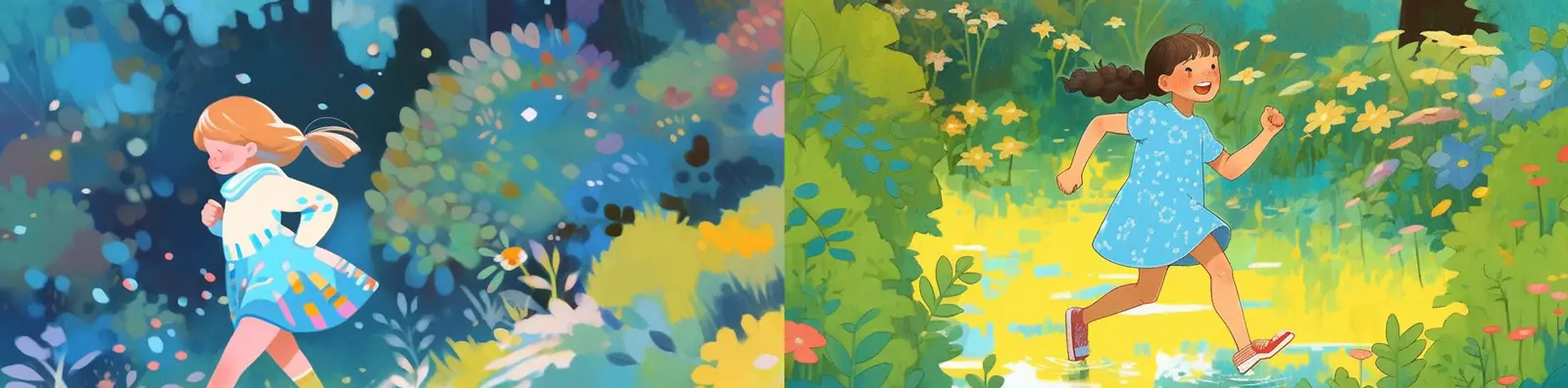 手绘可爱卡通小女孩森林快乐奔跑鲜花植物活力场景故事书插图绘画midjourney关键词咒语