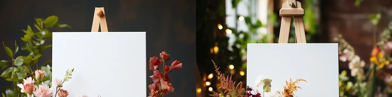 温馨浪漫鲜花婚礼欢迎标志空白画架画布模型场景摄影海报midjourney关键词咒语