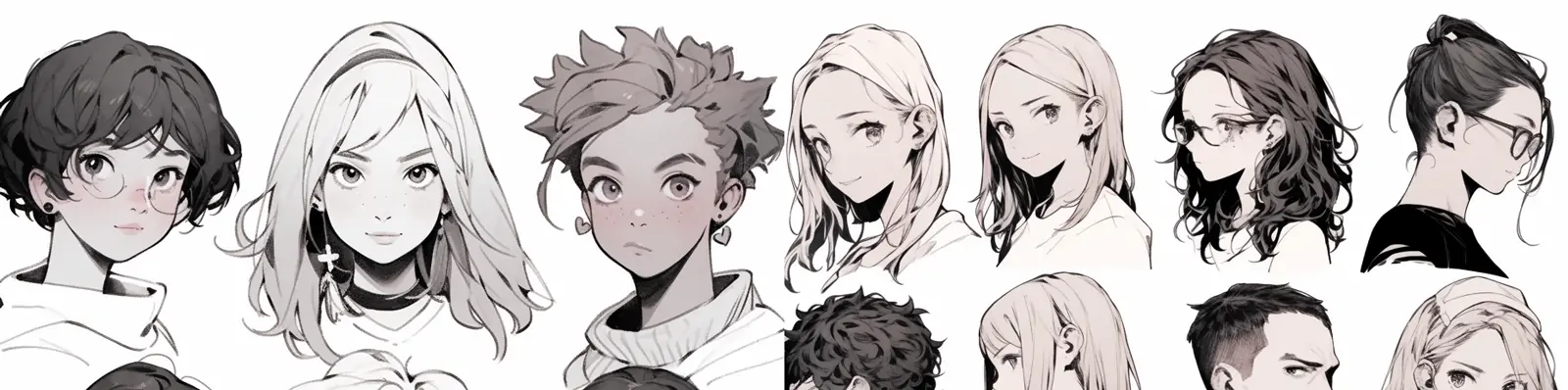 手绘卡通人物多角度黑白单色肖像头像正视图插图绘画midjourney关键词咒语分享