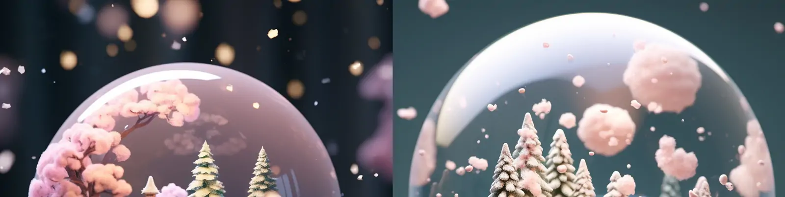 精致透明玻璃水晶球冬天圣诞节森林植物雪天场景工艺品摄影海报midjourney关键词咒语