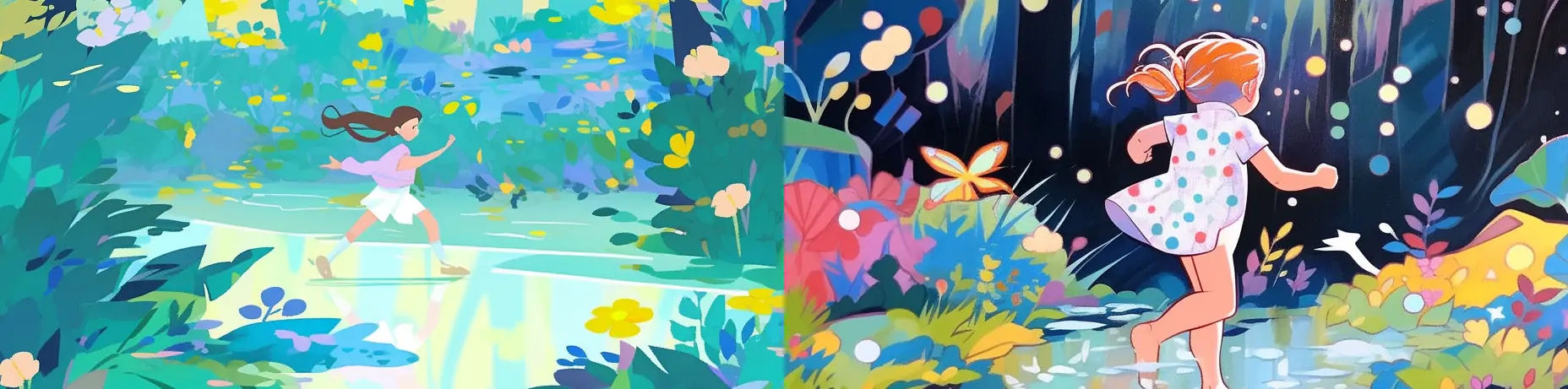 手绘可爱卡通小女孩森林快乐奔跑鲜花植物活力场景故事书插图绘画midjourney关键词咒语