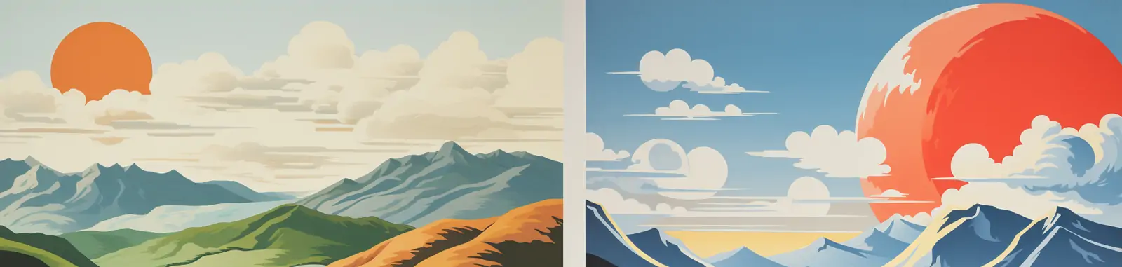 手绘极简主义彩色连绵起伏山丘日落自然景观艺术插图绘画海报midjourney关键词咒语分享