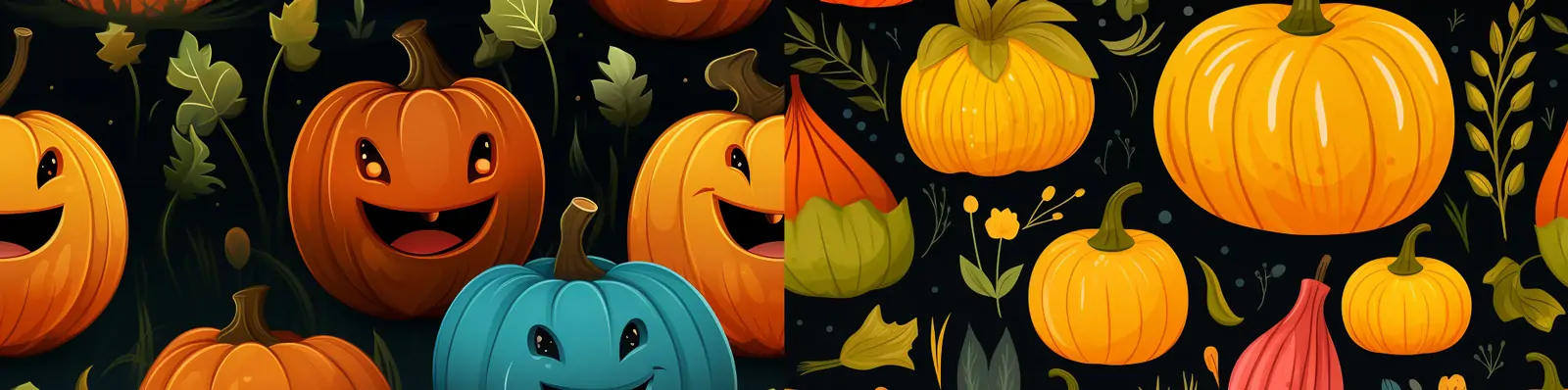 手绘彩色可爱好玩万圣节南瓜灯无缝图案纹理瓷砖插图海报背景midjourney关键词咒语分享