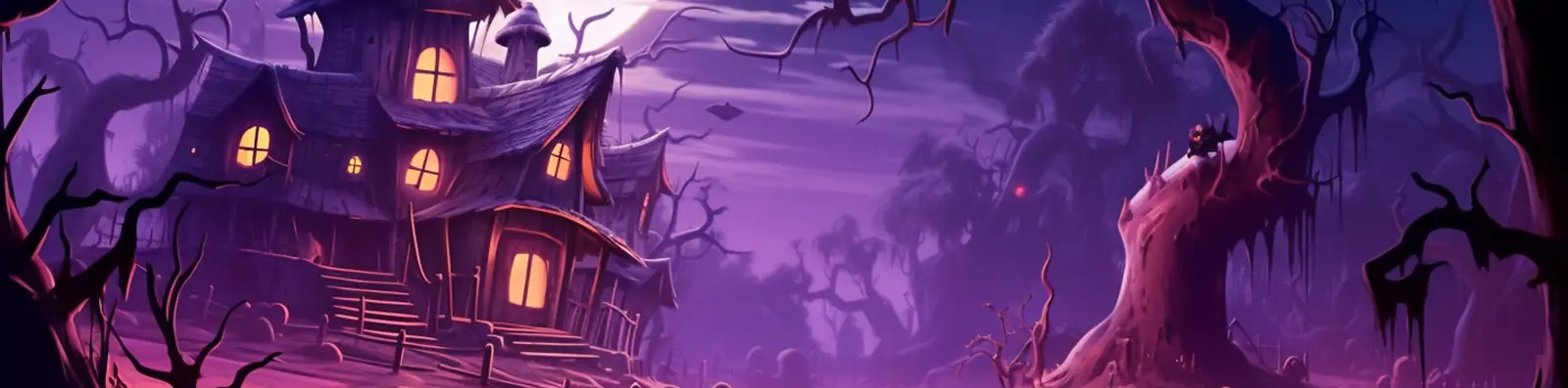 万圣节主题活动南瓜灯小木屋蝙蝠恐怖气氛树木场景横幅海报背景midjourney关键词咒语分享