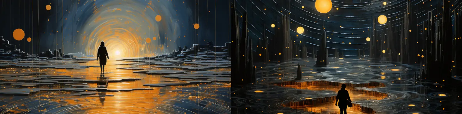 当代艺术风格金蓝色星图大型画布月光人物倒影鸟瞰图海报背景midjourney关键词咒语分享