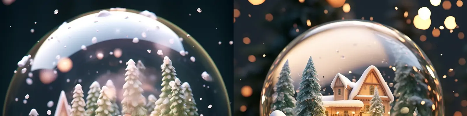 精致透明玻璃水晶球冬天圣诞节森林小木屋雪天场景工艺品摄影海报midjourney关键词咒语