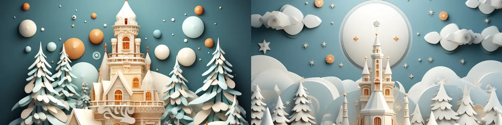 冬天圣诞节新年快乐3D立体卡通圣诞树城堡剪纸艺术场景插图海报midjourney关键词咒语