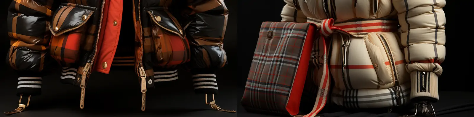 时尚潮流女士羽绒服巴宝莉格子图案标志服装设计电商产品广告摄影midjourney关键词咒语分享