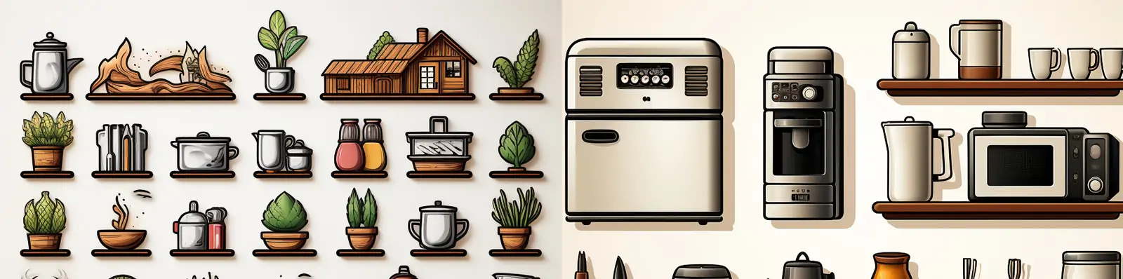 手绘完美主义厨房工具厨具植物线条纹理矢量图标插图素材midjourney关键词咒语分享