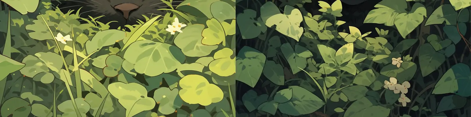 手绘绿色眼睛黑色猫咪田野植物错综复杂树叶艺术海报插图绘画midjourney关键词咒语