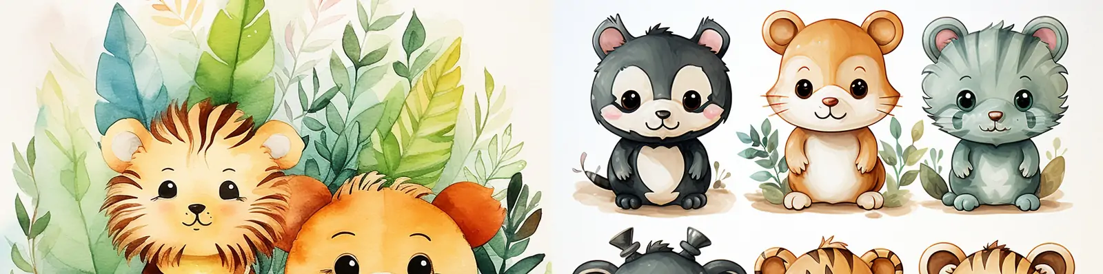 手绘可爱丛林动物狮子老虎卡通形象水彩画头像插图海报midjourney关键词咒语分享