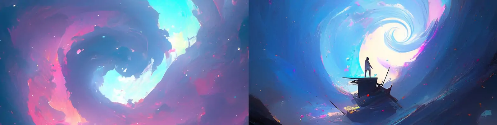 未来主义彩色渐变波浪太空极光夜空梦幻透视紫色天空人物背影海报midjourney关键词咒语分享