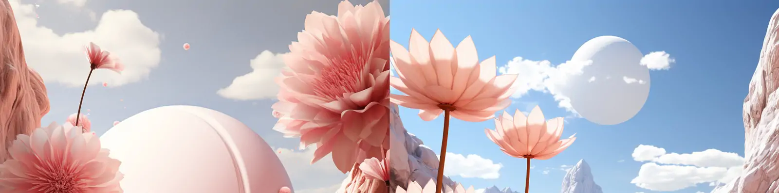 超现实主义3D立体粉色荷花池塘雪山星球自然景观舞台艺术海报背景midjourney关键词咒语分享
