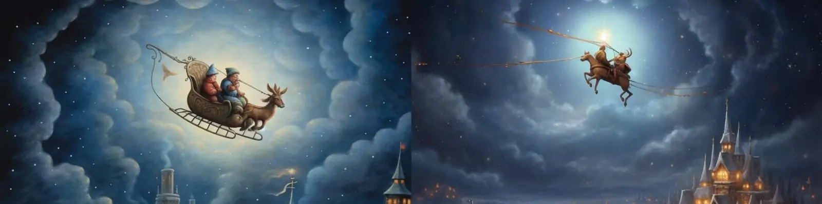 手绘圣诞节圣诞老人驾驶雪橇驯鹿童话梦幻场景插图海报midjourney关键词咒语分享