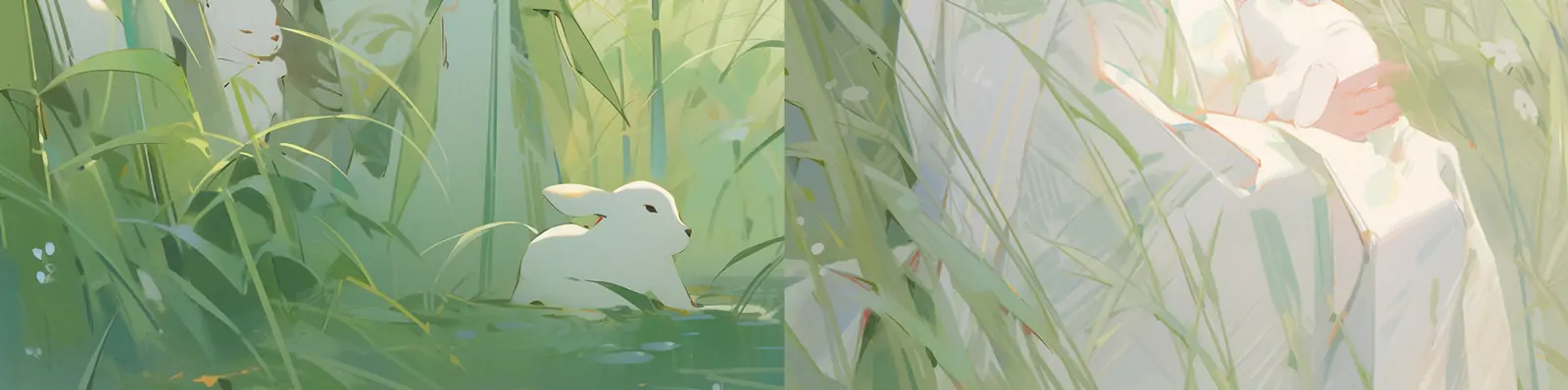 手绘复古中国风古典女孩兔子草地宁静田园风格艺术插图绘画海报midjourney关键词咒语