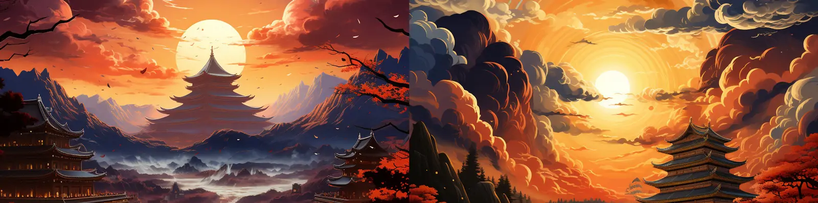 手绘中国风复古山水建筑阁楼云朵月亮迷幻漫画场景艺术插图海报midjourney关键词咒语分享