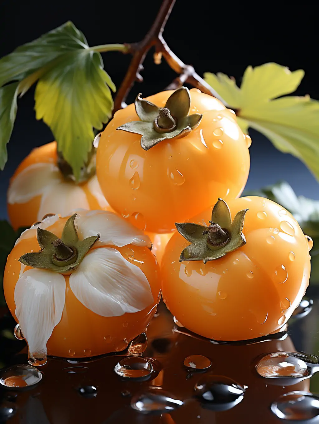 创意极简主义新鲜水果柿子透明水滴美食艺术摄影广告海报midjourney关键词咒语分享-Ai宇宙吧-
