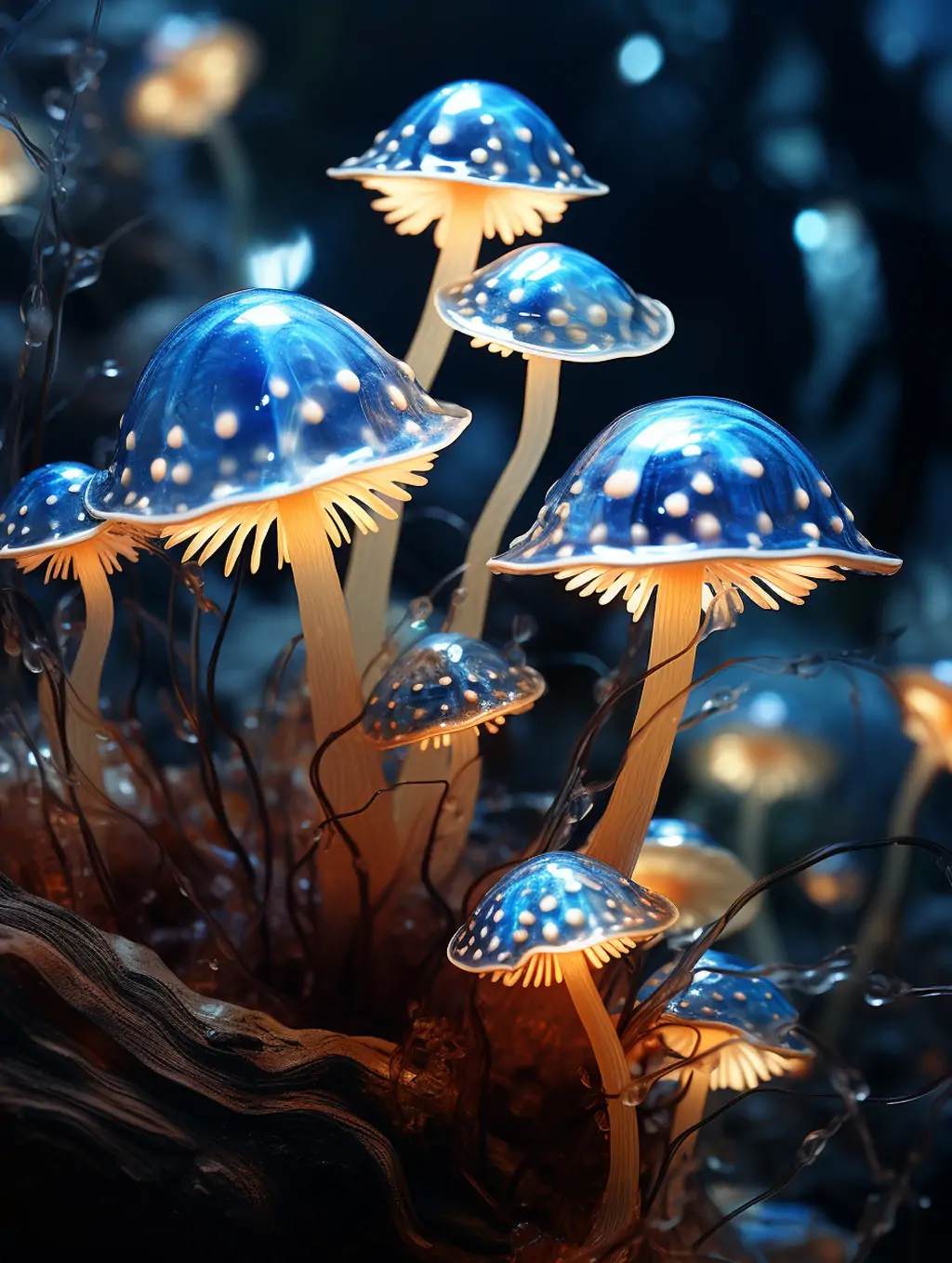 创意未来主义科幻迷你蓝色蘑菇植物发光体闪烁光效特写摄影海报midjourney关键词咒语分享
