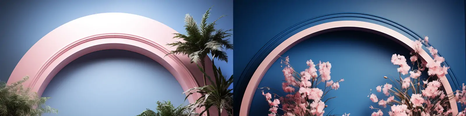 极简主义粉色鲜花植物花卉大理石圆形舞台空间海报背景midjourney关键词咒语分享