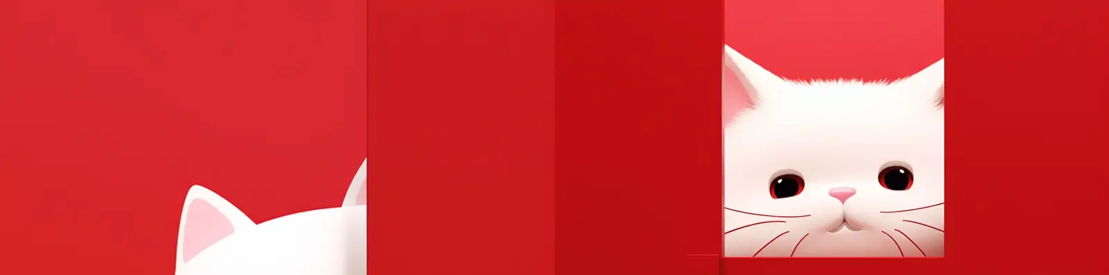 极简主义白色可爱卡通猫咪红墙后面偷看肥胖身体表情艺术插图绘画midjourney关键词咒语