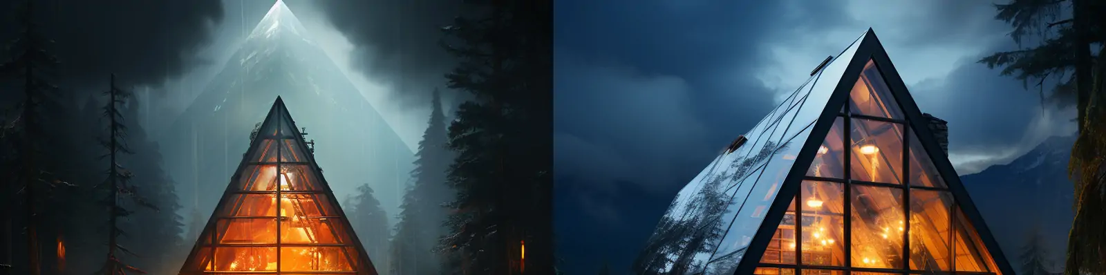 创意山区林间未来主义霓虹灯三角形住宅民宿玻璃建筑艺术摄影海报midjourney关键词咒语分享