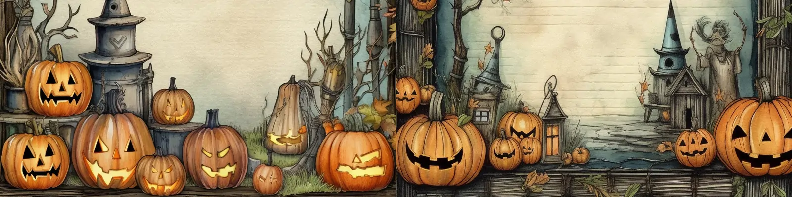 复古做旧万圣节主题南瓜灯小屋幽灵蝙蝠月亮女巫图案信纸海报背景midjourney关键词咒语