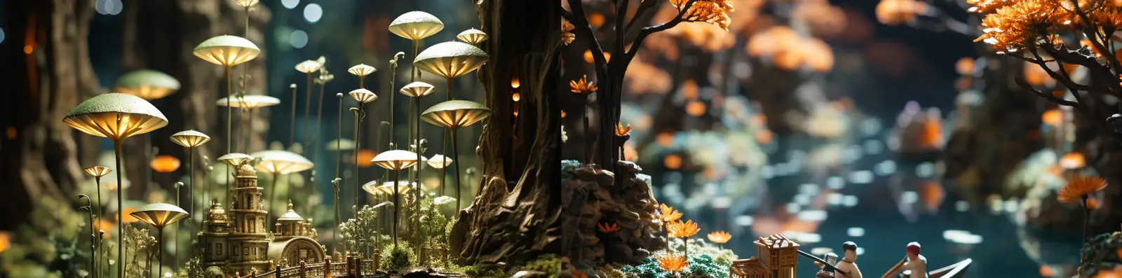 创意微观梦幻树木池塘划船木偶人物3D立体景观微距艺术摄影海报midjourney关键词咒语分享