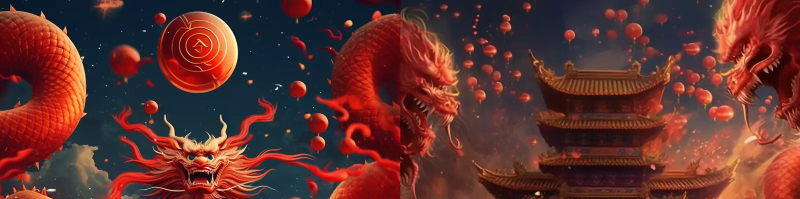 中国风红色喜庆新年元旦节日庆祝灯笼烟花龙建筑阁楼场景海报背景midjourney关键词咒语
