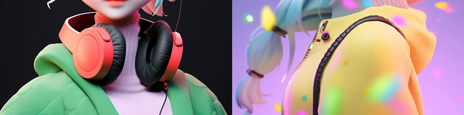 手绘动漫卡通可爱酷女孩戴耳机渐变眼镜C4D立体人物插图海报midjourney关键词咒语