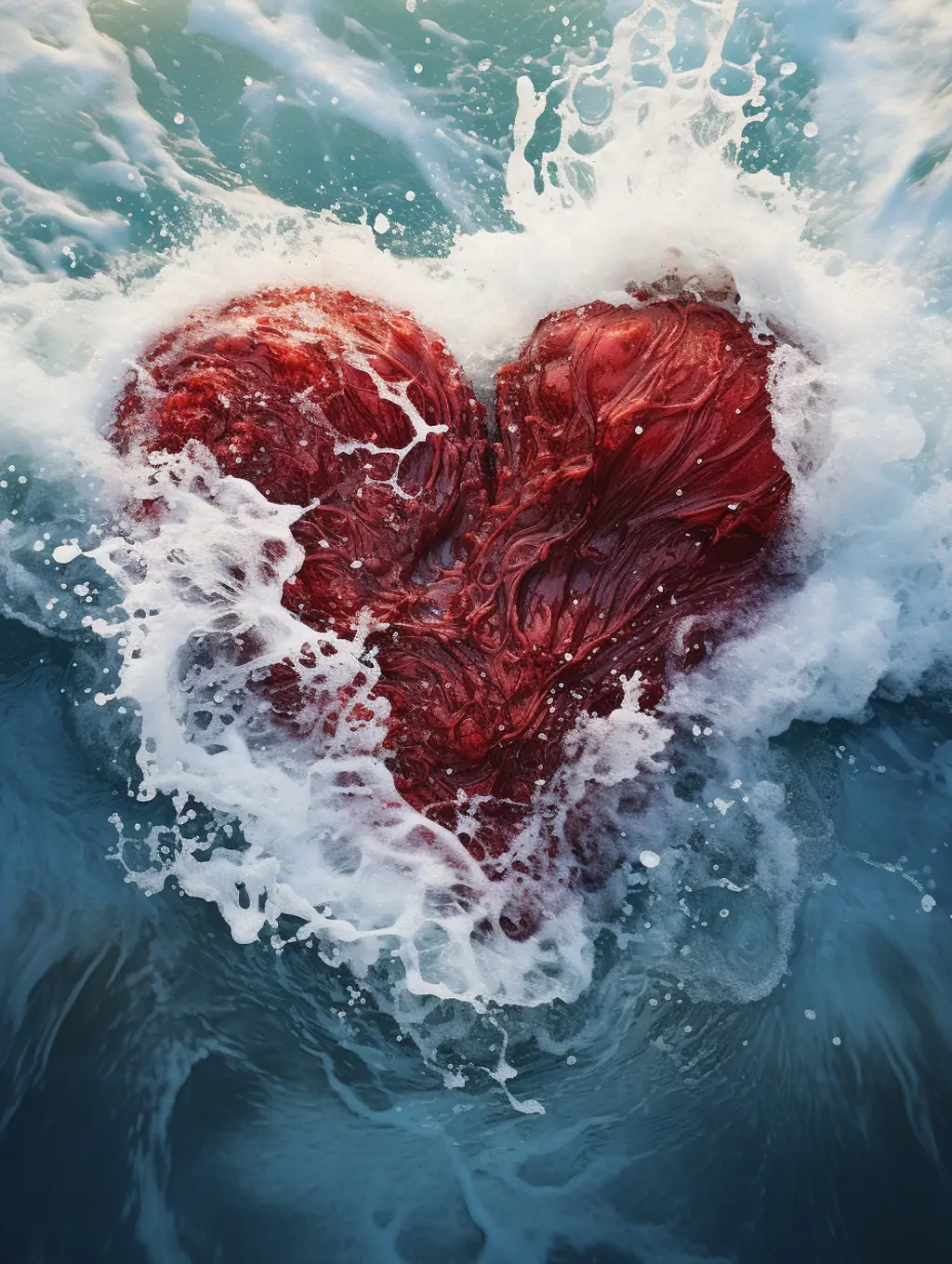 创意红色海洋之心花瓣海水浪花水花飞溅心形艺术海报背景俯视图midjourney关键词咒语-Ai宇宙吧-
